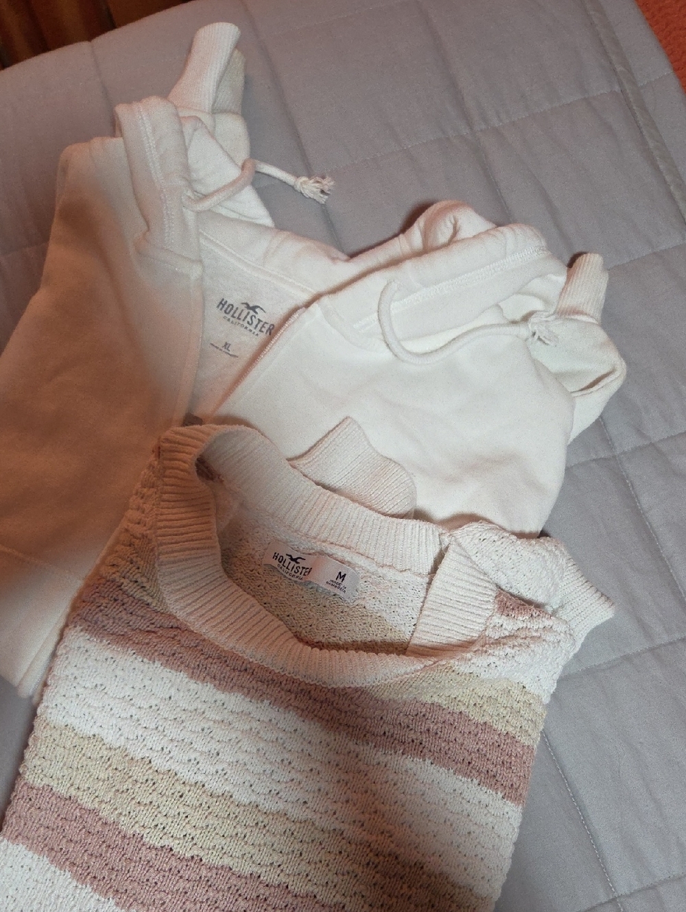 Hollister Cream Hoodie and Blush-Striped Knit Sweater and Colorful Striped .